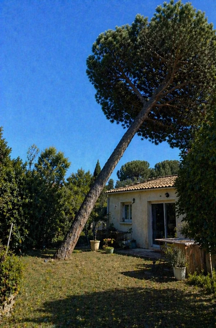 Pin parasol incliné menaçant une habitation avant abattage à Pérols